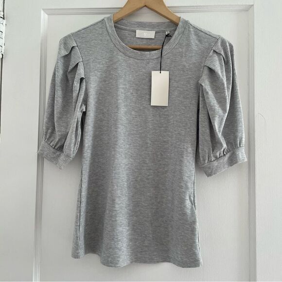 7 For All Mankind Pleated Puff Shoulder Power Dib Tee in Heather Grey - Picture 3 of 6